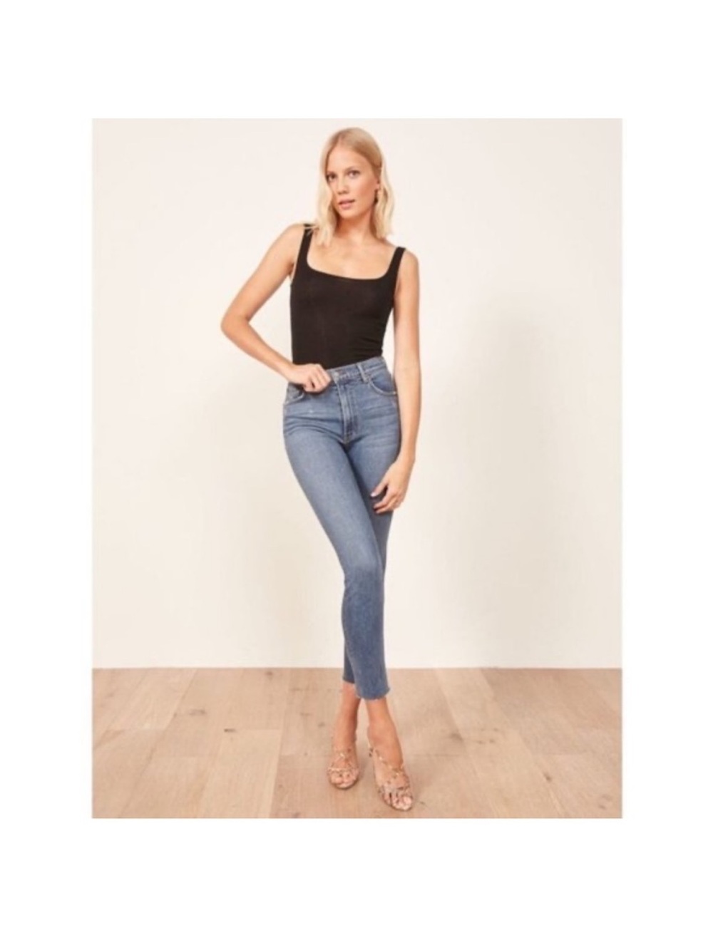 Reformation Mid Wash Blue Skinny Jeans with Raw Hem